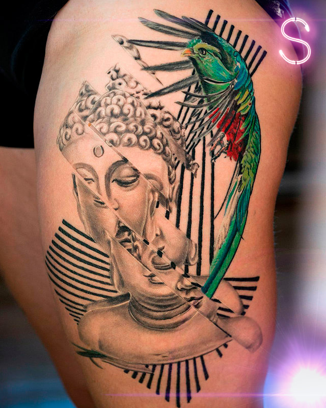 Buddha, Quetzal, Graphic, Realistic, tattoo, dark tattoo, montreal tattoo artist, Yanick Sasseville, Mr Sassy Tattoos, best tattoo, industry ink, trash polka tattoo, montreal tattoo shop